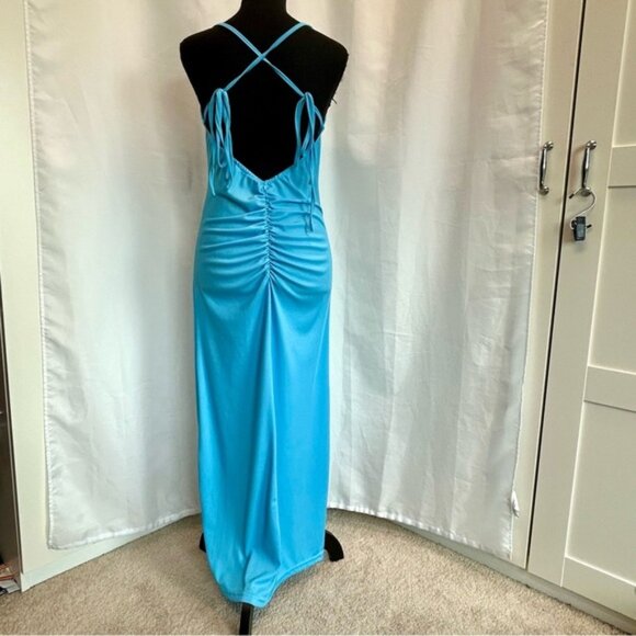 Blue ribbed spaghetti strap draped cowl neck open crisscross back ruched dress M - Picture 5 of 13